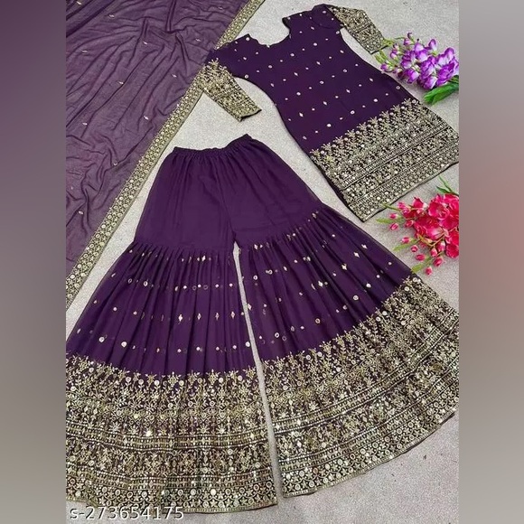 Purple Embroidered Faux Georgette Salwar fully stitched - Picture 1 of 4
